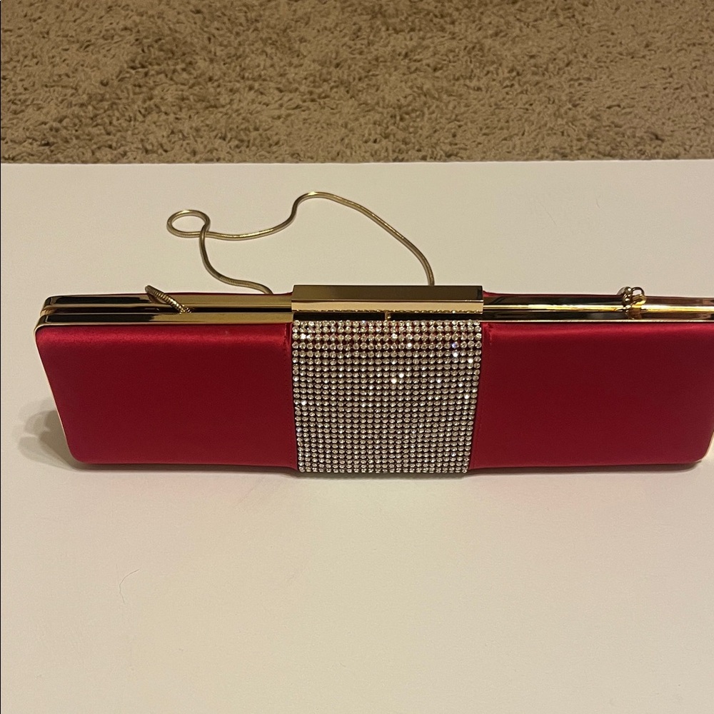Badgley Mischka Red Clutch with Gold Rhinestone Detail